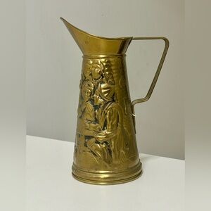 Vintage Raised Relief Hammered Brass 3D Pub Scene Water Pitcher Made in England